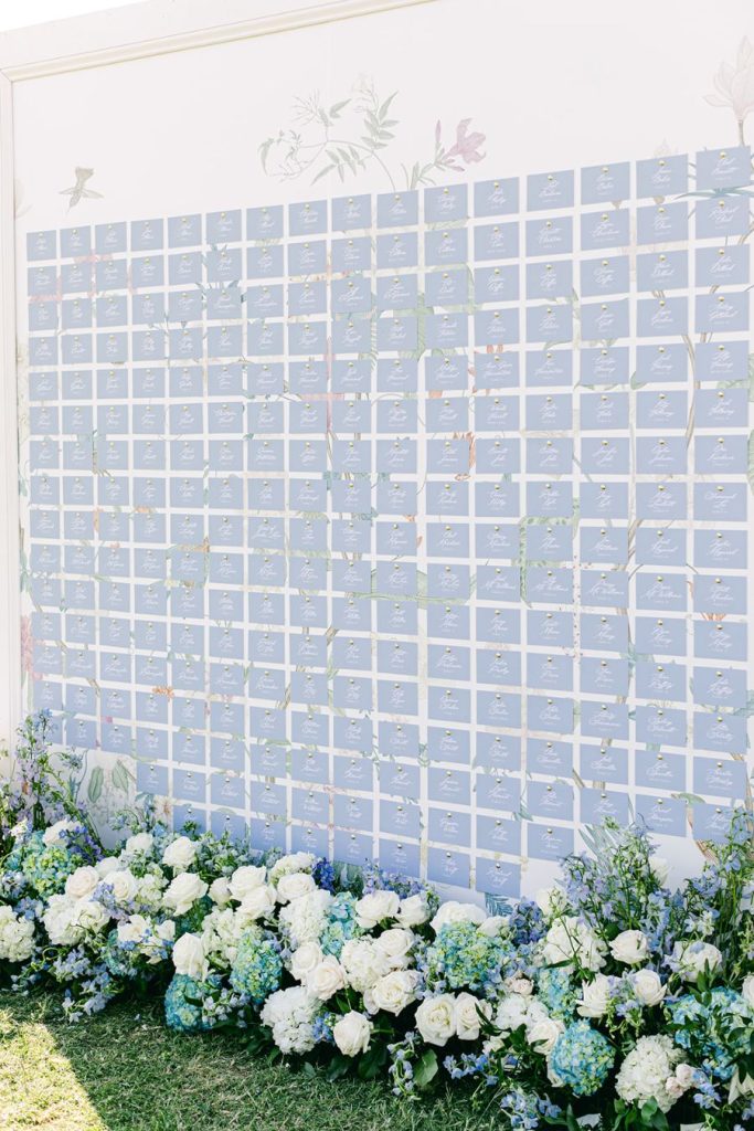 Escort Wall Seating Chart with Blue Hand-Lettered Place Cards